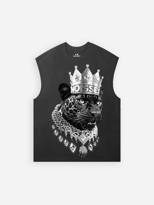 NOISSEY black panther and crown black-and-white retro print tank top front view.