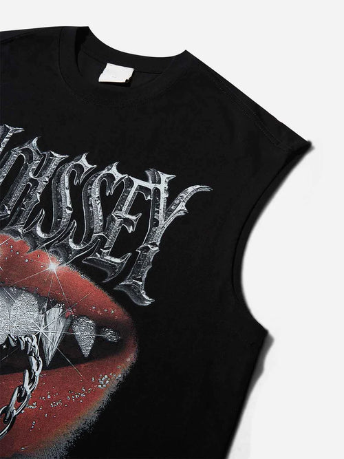 Oversized boxy heavyweight streetwear tank top with devil lips graphic.